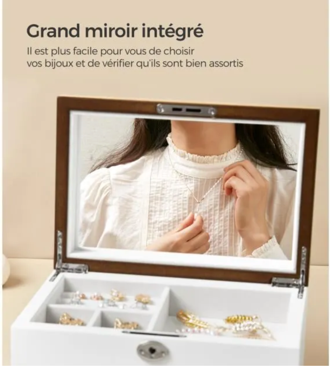 Boîte à Bijoux à 3 Niveaux en Bois d'Ingénierie, Coffret à Bijoux Original avec Tiroirs, pour Bagues, Blanc