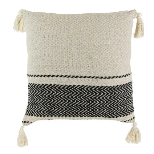 Coussin à Pompons "rayures Berbère" 40x40cm Naturel