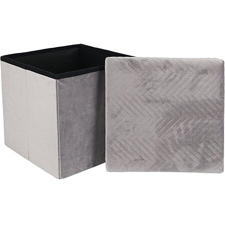 Coffre pouf pliable velours a motif gris m4