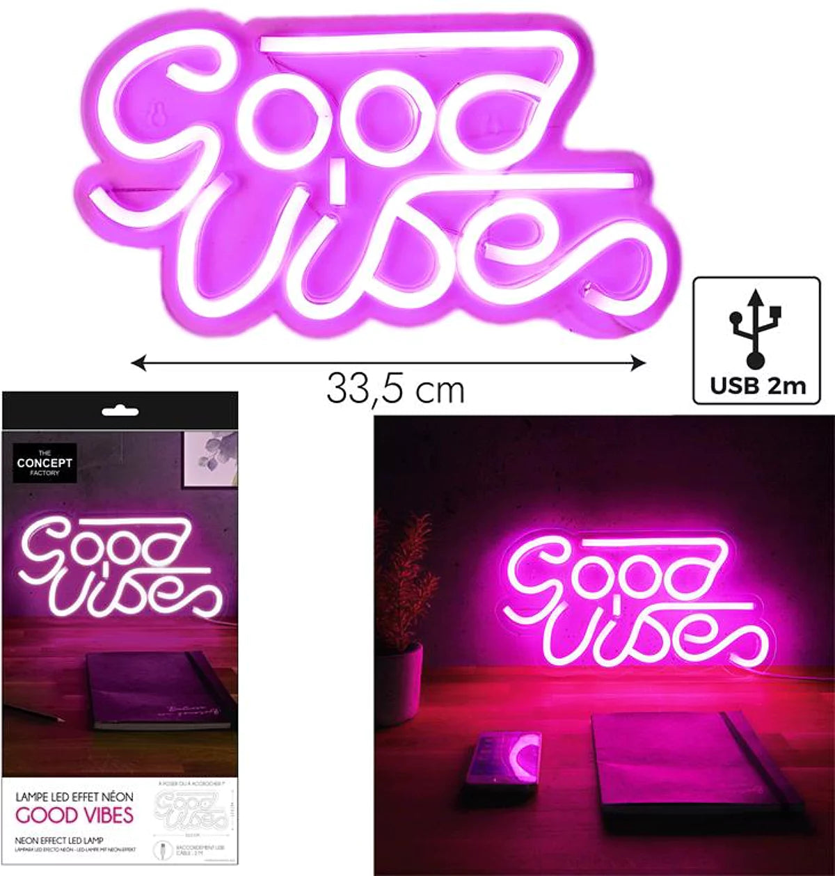 Lampe Led Effet Néon "good Vibes" 33cm Rose