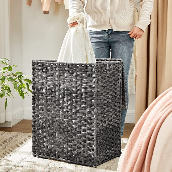 panier à linge tissé à la main 90 L pliable sac à linge amovible gris