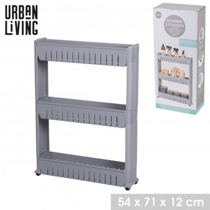 DESSERTE 3 ETAGERES GRIS AVEC ROULETTES 54X72X12CM