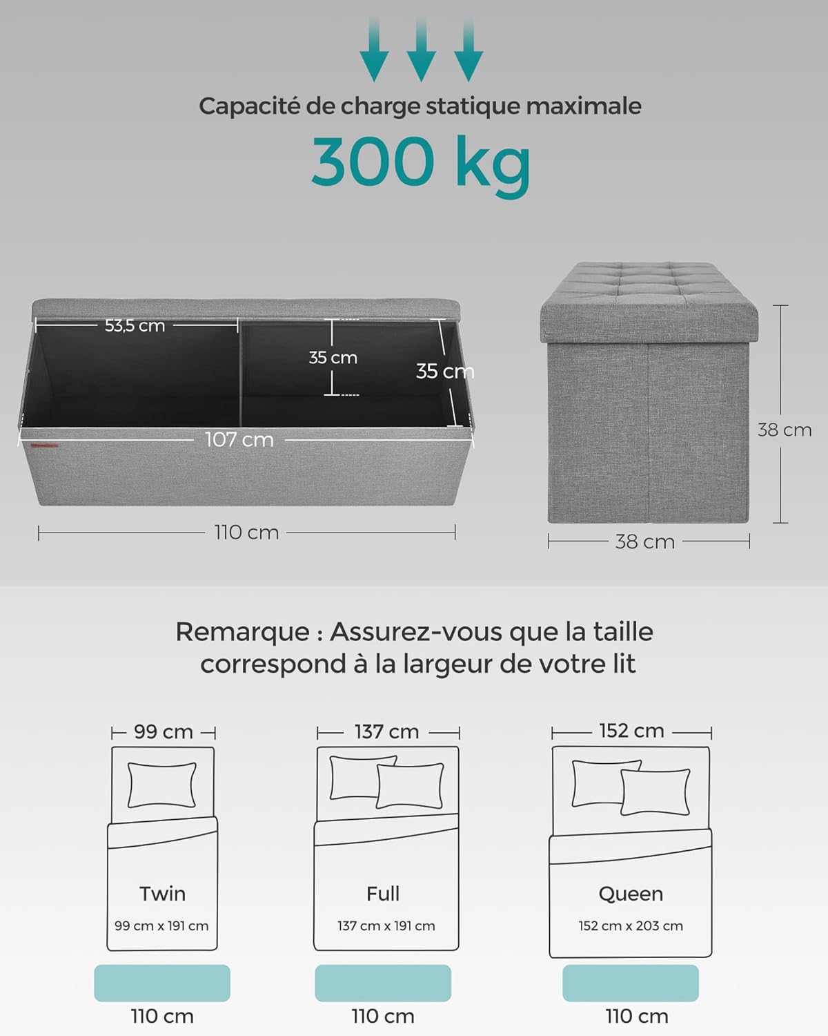 Banc de Rangement, Pouf Pliable, 38 x 110 x 38 cm