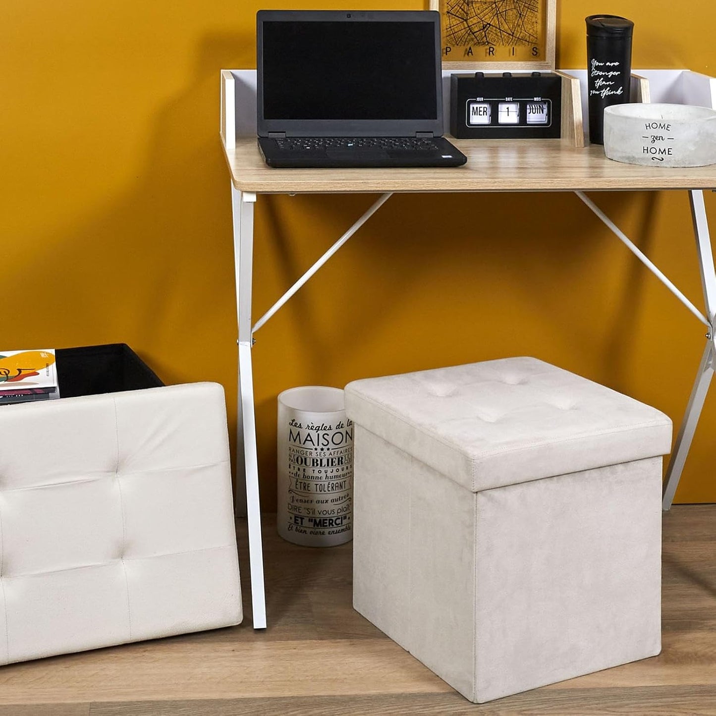 Pouf Coffre de Rangement Pliable Carré Beige H38 x 38 x 38 cm