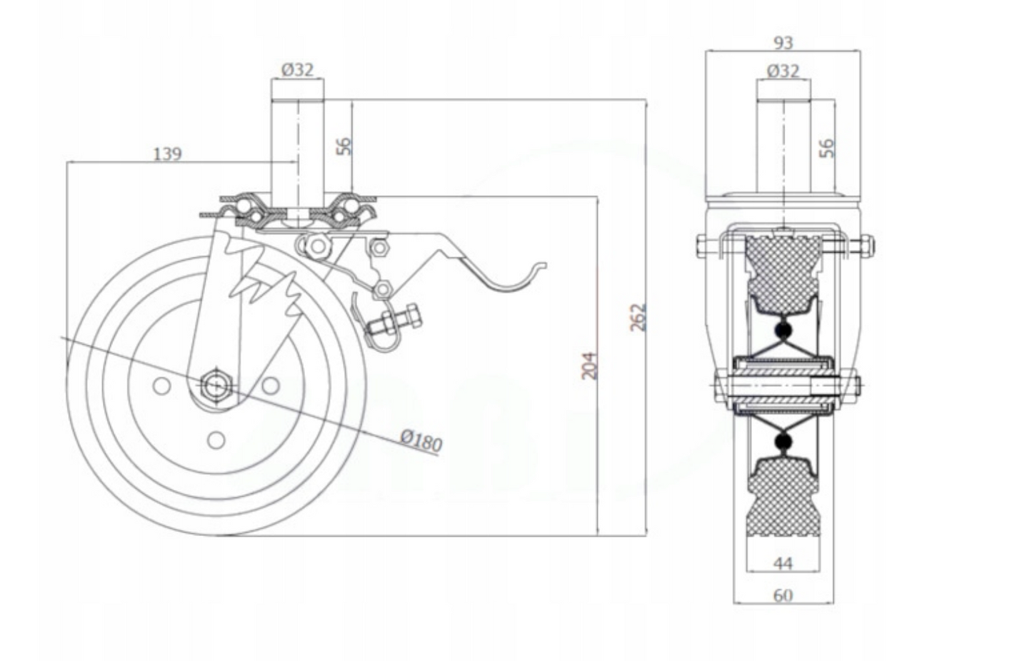Roue d'échafaudage 180mm caoutchouc métallique, goupille de frein
