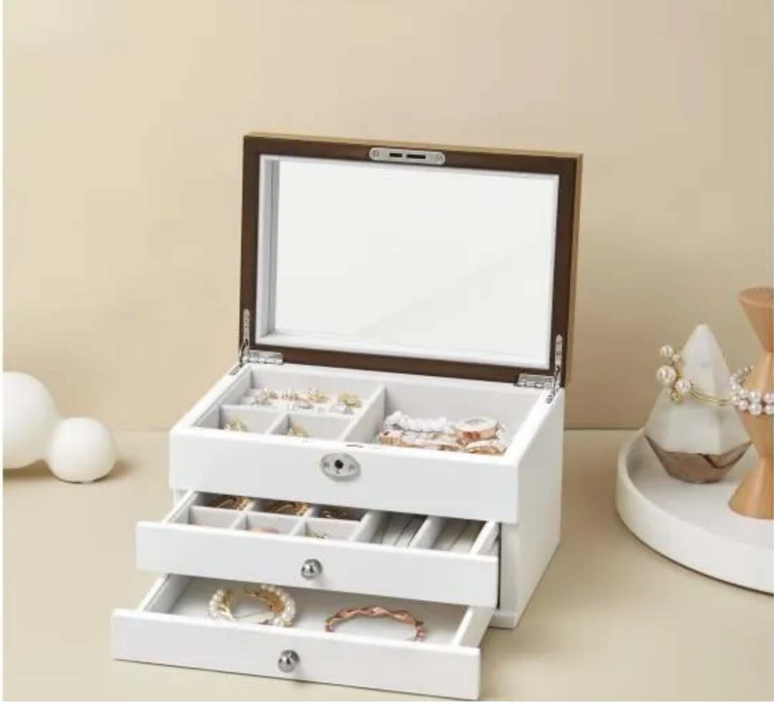 Boîte à Bijoux à 3 Niveaux en Bois d'Ingénierie, Coffret à Bijoux Original avec Tiroirs, pour Bagues, Blanc