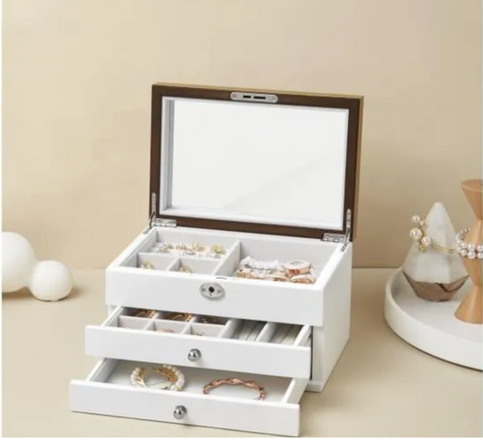 Boîte à Bijoux à 3 Niveaux en Bois d'Ingénierie, Coffret à Bijoux Original avec Tiroirs, pour Bagues, Blanc
