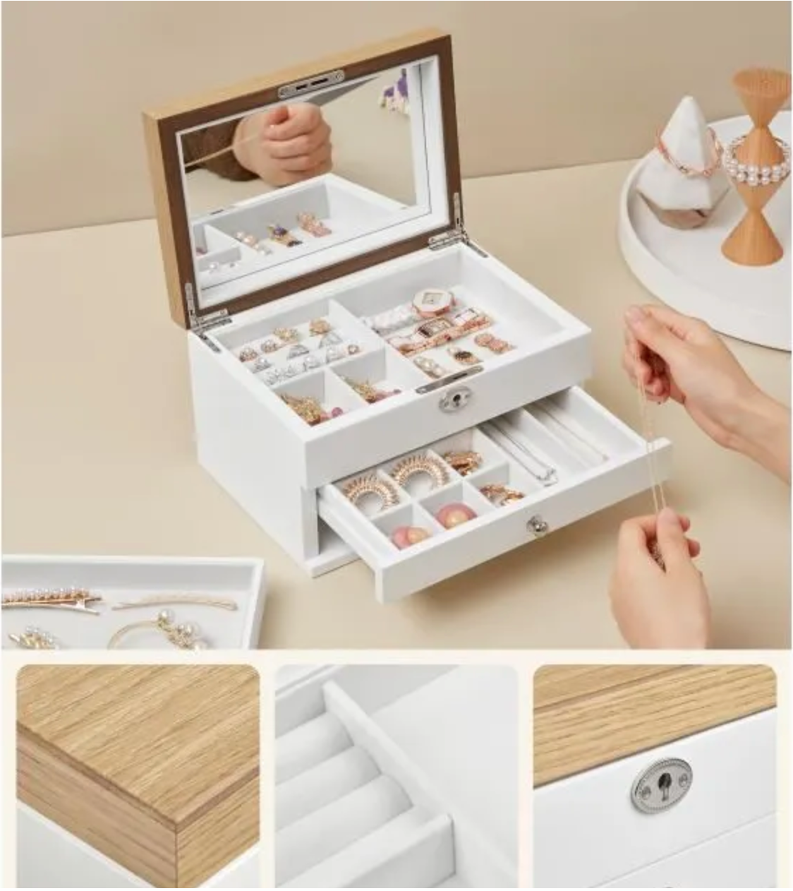 Boîte à Bijoux à 3 Niveaux en Bois d'Ingénierie, Coffret à Bijoux Original avec Tiroirs, pour Bagues, Blanc