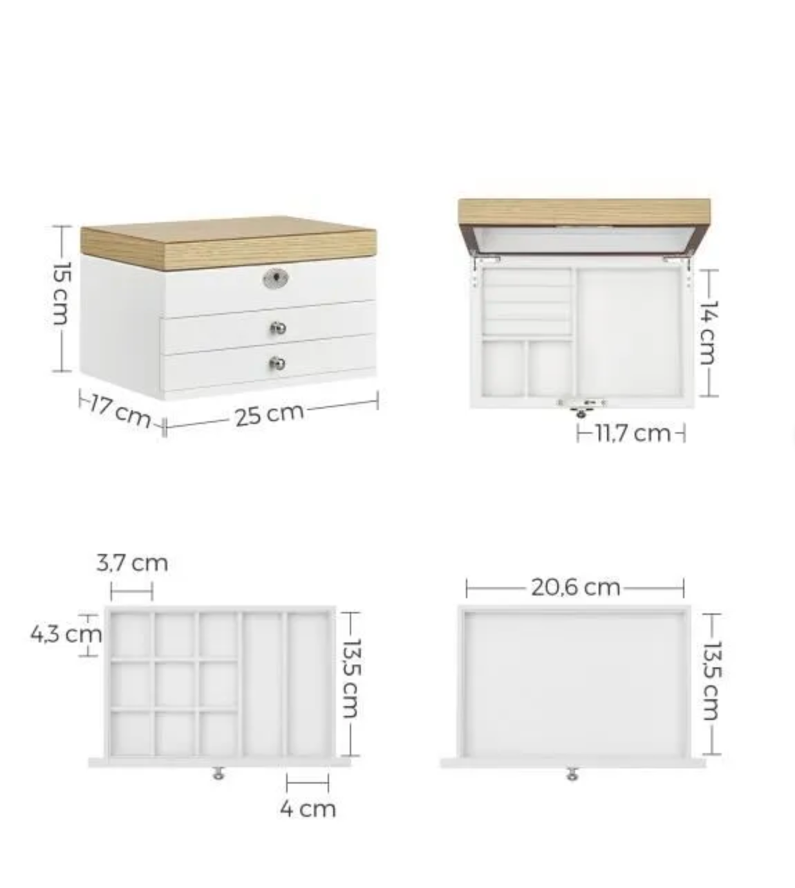 Boîte à Bijoux à 3 Niveaux en Bois d'Ingénierie, Coffret à Bijoux Original avec Tiroirs, pour Bagues, Blanc
