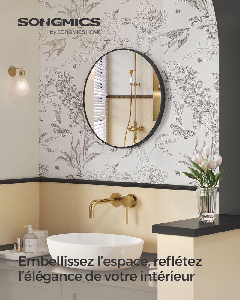 SONGMICS Miroir mural rond diamètre 61 cm cadre en métal noir