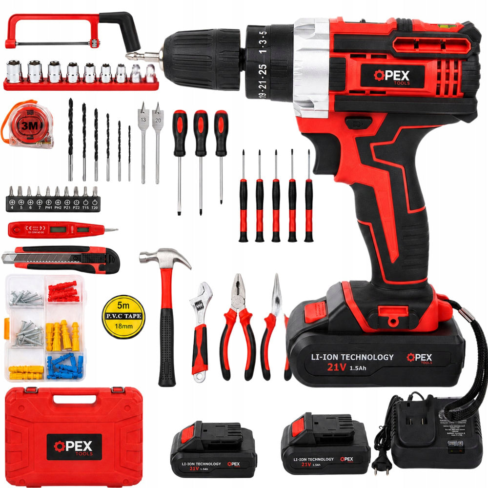Perceuse-visseuse à percussion sans fil 2 batteries 21 v, kit d'outils, mallette
