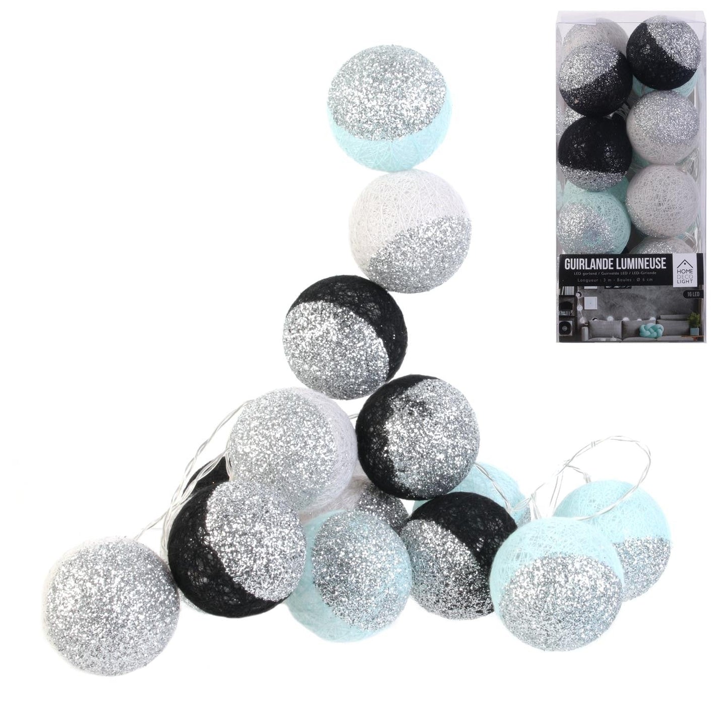 GUIRLANDE BOULE 16LED NOIR BLEU GLITTER 6X300CM M8