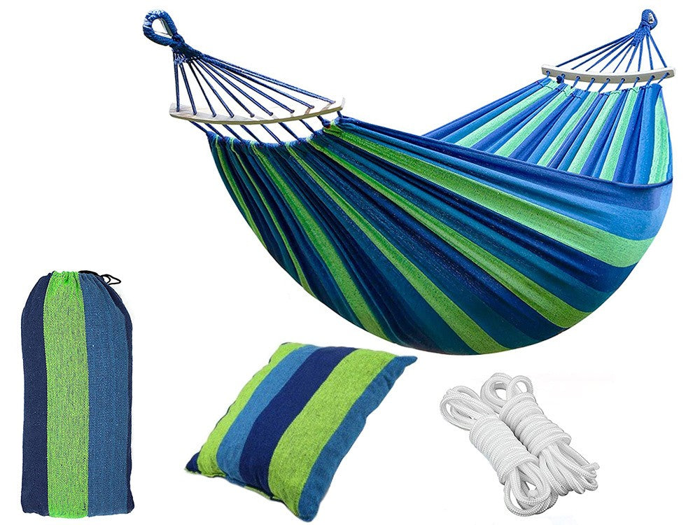 Hamac brésilien deux place avec coussin XXL 260x150 cm bleu foncé et vert