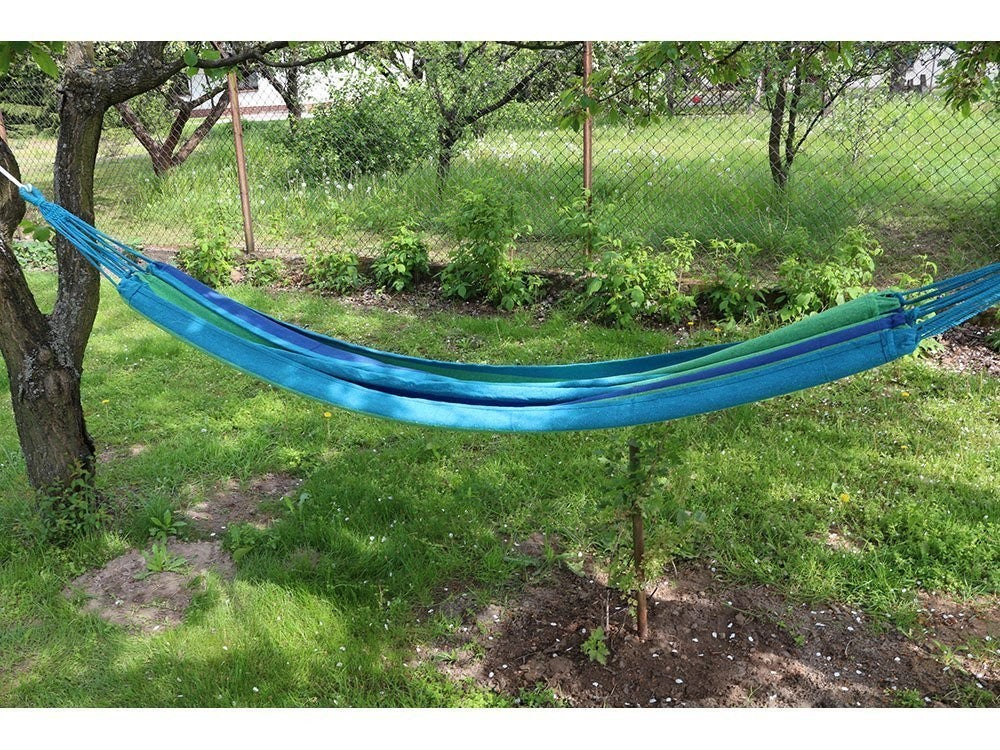 Hamac de jardin suspendu bleu et vert 200x80 cm avec housse de transport