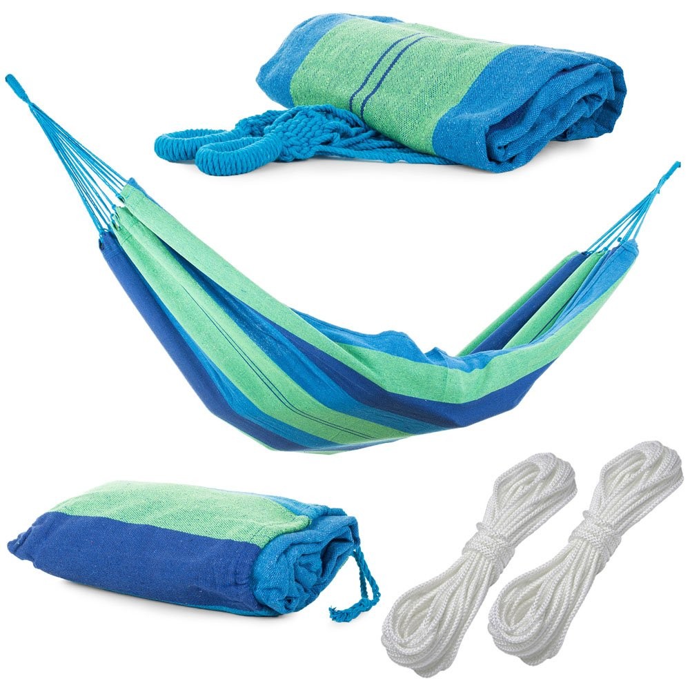 Hamac de jardin suspendu bleu et vert 200x80 cm avec housse de transport