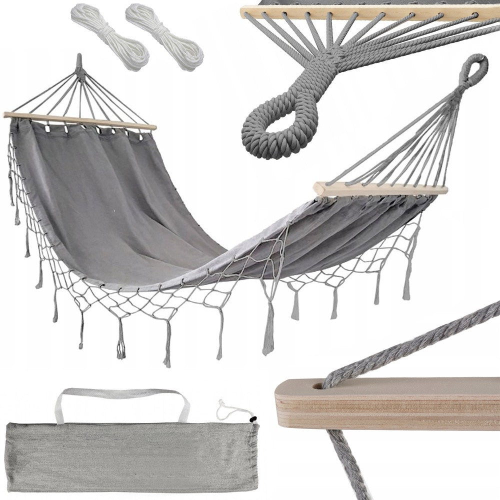Hamac de jardin suspendu grande taille, housse avec serre-tête en cordes 200 cm gris
