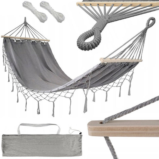Hamac de jardin suspendu grande taille, housse avec serre-tête en cordes 200 cm gris