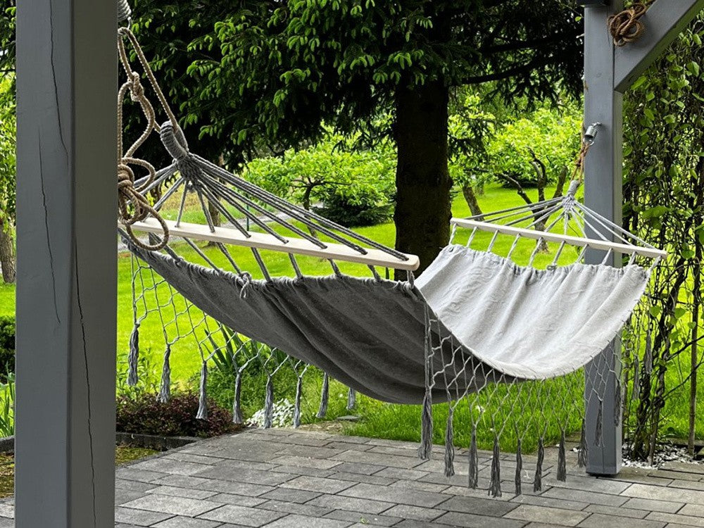 Hamac de jardin suspendu grande taille, housse avec serre-tête en cordes 200 cm gris