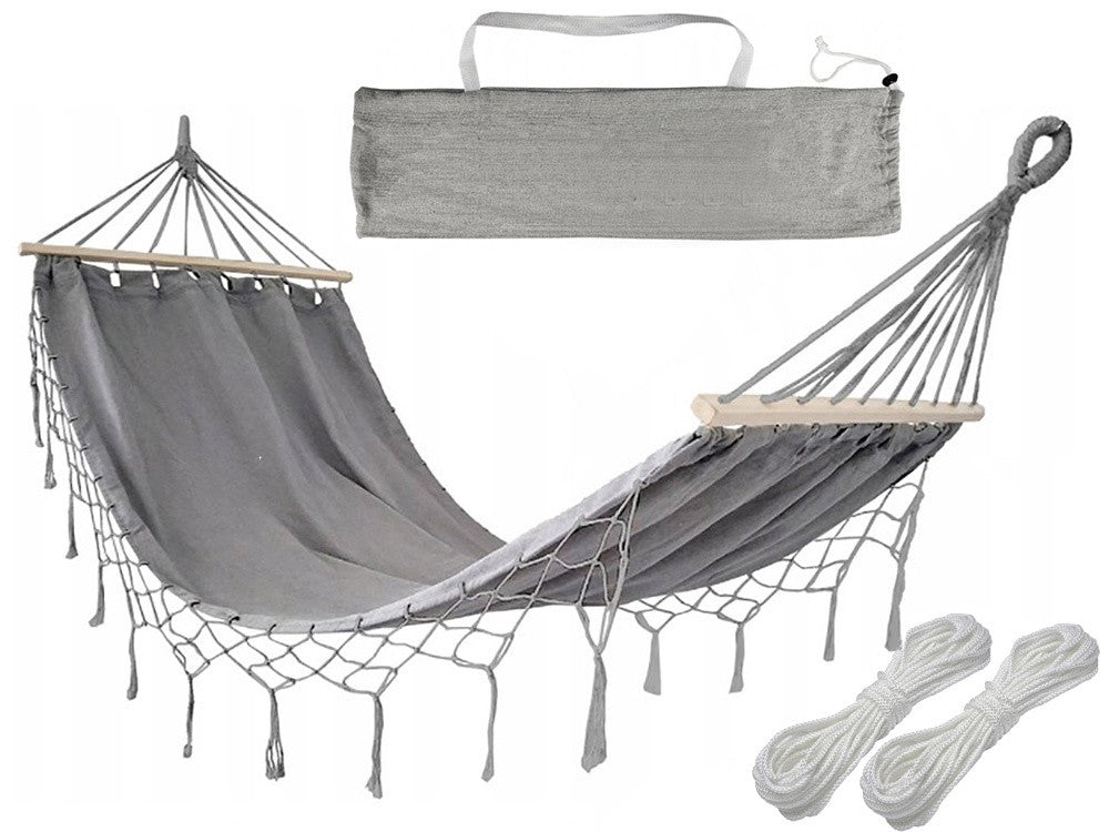 Hamac de jardin suspendu grande taille, housse avec serre-tête en cordes 200 cm gris