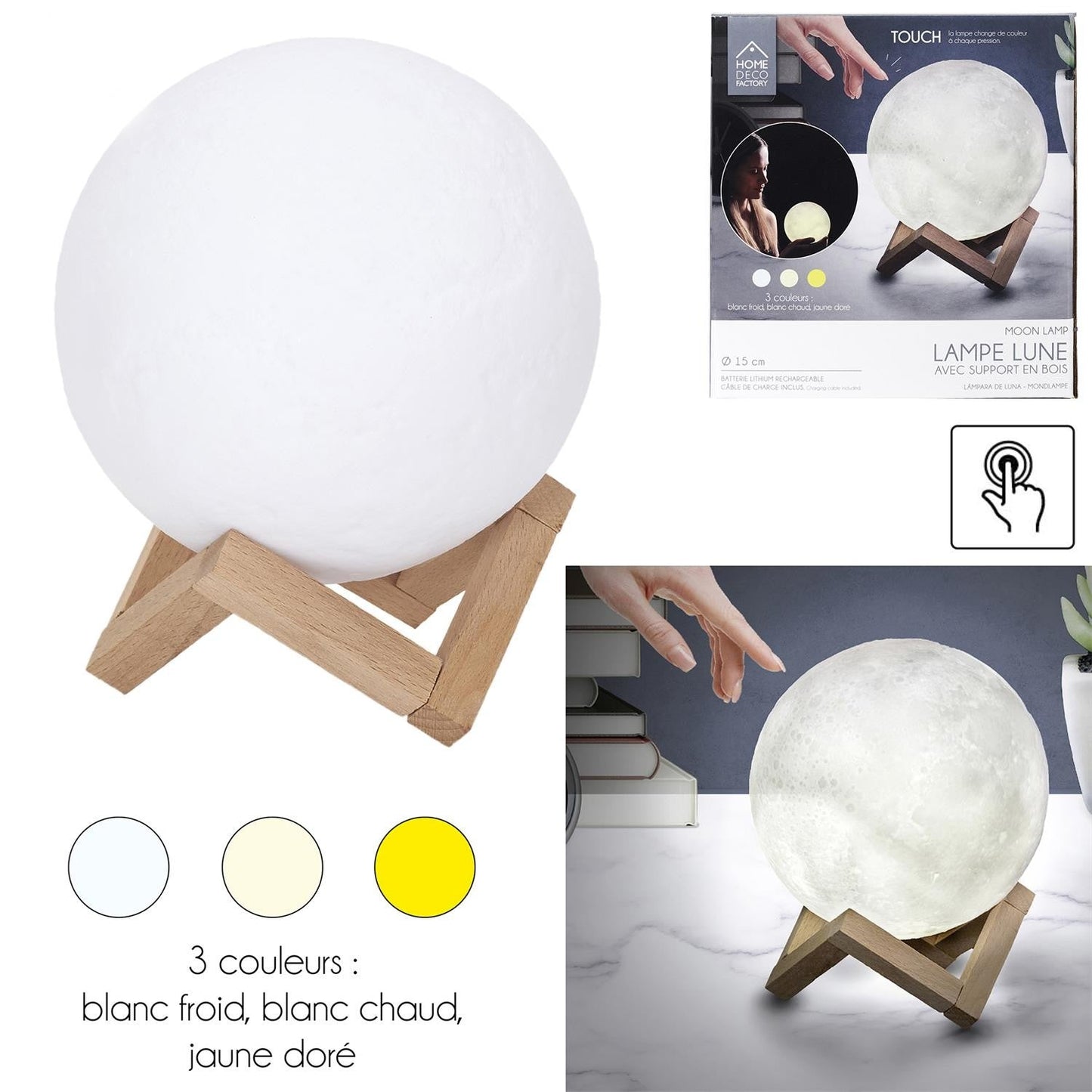 LAMPE TACTILE LUNE RONDE 3D D15CM M8